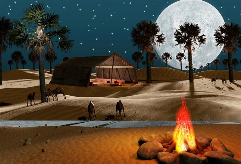 AOFOTO 7x5ft Desert Night Backdrop Full Moon Palm Trees with Camp Campfire Arabian Night Photography Background Sand Dunes Stars Starlight Desert Scene Party Decoration Portrait Photo Shoot Props - Image 1